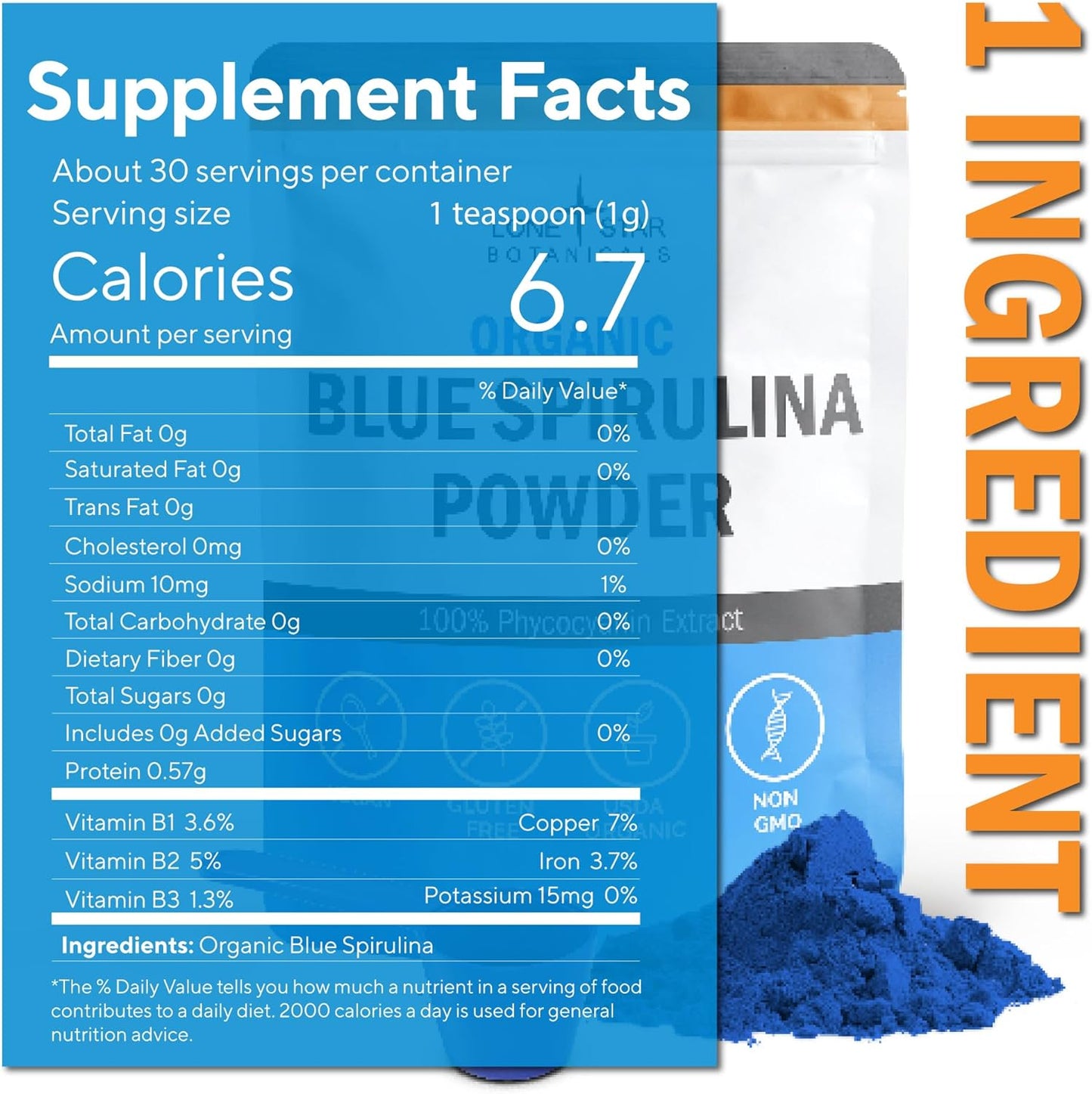 Lone Star, Organic Blue Spirulina Powder, 120 Servings - 100% Pure Superfood Blue-Green Algae, Natural Food Coloring for Smoothies & Protein Drinks - Non GMO, Gluten-Free, Vegan + USDA Certified, No Fishy Smell