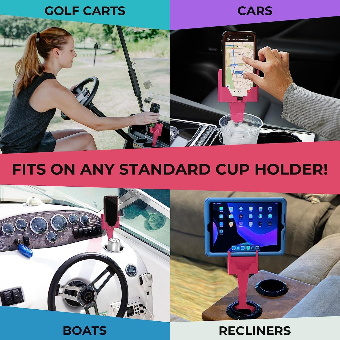CELL PHONE SEAT – Phone & Cup Holder Made in USA – Fits Phones with or Without Cases in Vertical or Horizontal Position and Doesn’t Block Cup Holder, Charging Ports, Vents, Windshield (Pink Pack of 1)