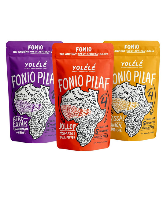 Yolélé, Fonio Grain Pilaf Mix Ancient African Super grain Gluten-Free, Non GMO Vegan Protein, Fiber. Paleo-Friendly Superfood Rice Alternative, Variety Pack of 3 Yassa, Jollof, and Greens, 7 oz. each