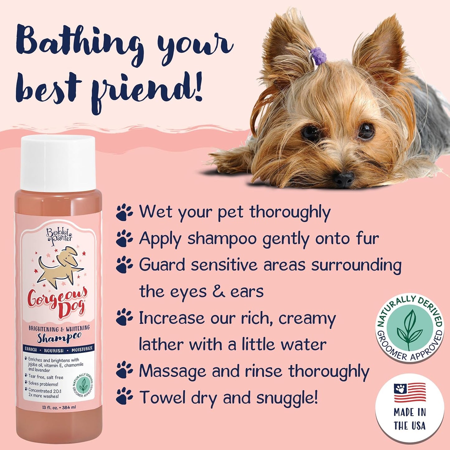 Bobbi Panter, Whitening Dog Shampoo Aloe Vera, Chamomile, Jojoba & Lavender – Brightening Natural Formula for All Coats, Enhances Shine & Softness, Tear-Free, 20:1 Concentrate, Made in USA, 13 oz
