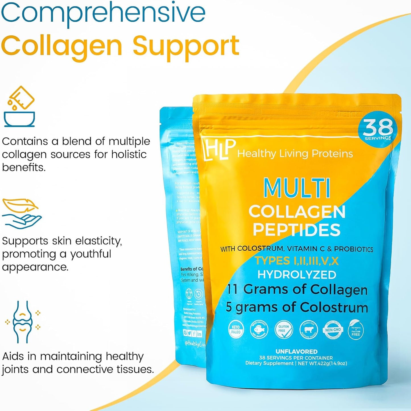 HLP, Collagen Supplement for Better Absorption & Immune Support- Multi Collagen Peptides Powder with Colostrum- Improve Strength, Wellness & Vitality with Multi Collagen Protein- Unflavored- 38 Serving