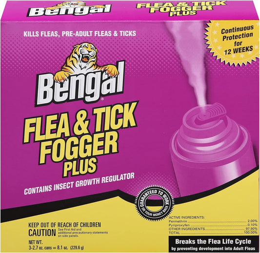 Bengal, Flea and Tick Fogger Plus – 3 Pk Odorless Spray Treatment for Home Infestations – 12 Week Insect Killer, 3x2.7 oz