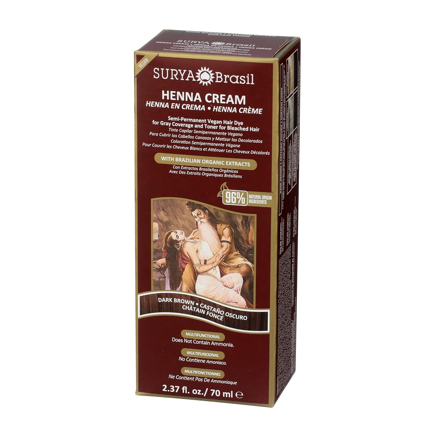 Surya Brasil, Henna Cream Dark Brown - 96% Natural Ingredients, Vegan, Cruelty-Free, Eco-Friendly, Semi-Permanent Hair Color, Deep Hydration & Shine, 2.37 oz