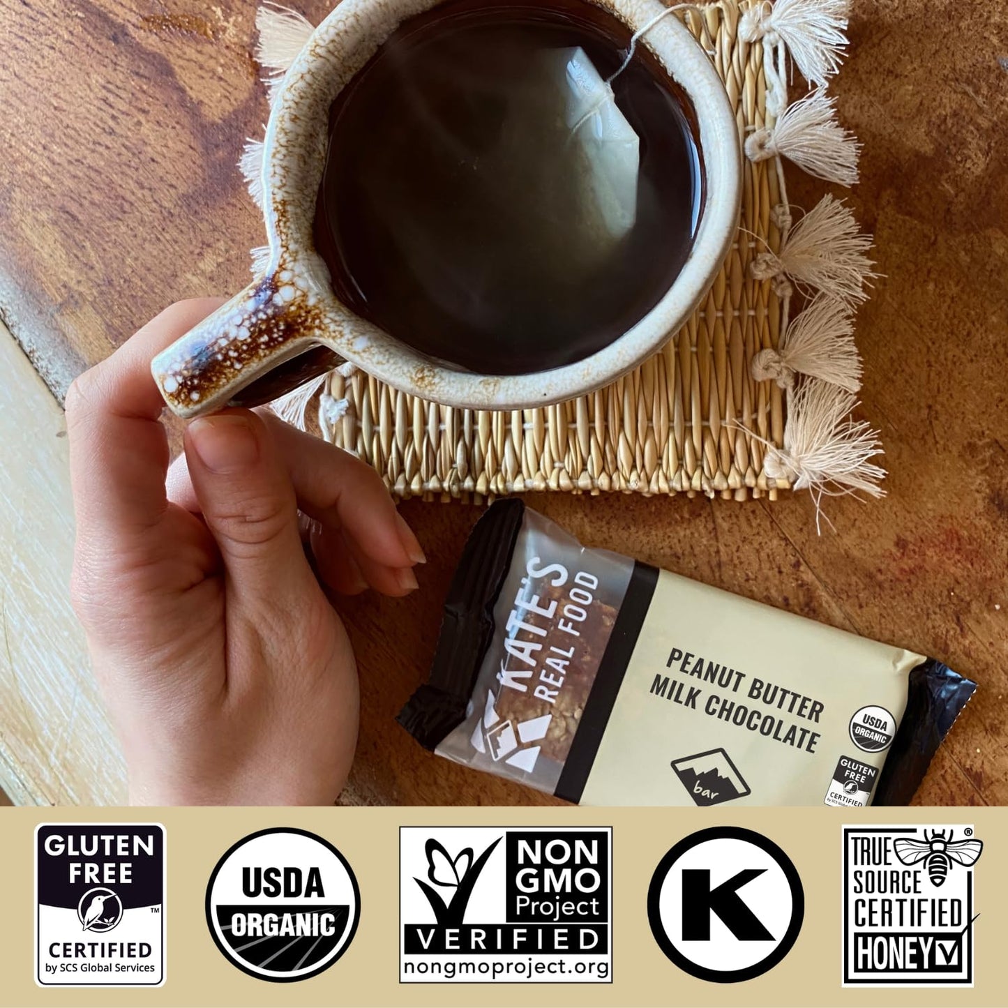 Kate’s Real Food, Organic Granola Bars - Peanut Butter Milk Chocolate (2.2 oz, Pack of 12) Organic Energy Bars with Gluten Free Oats - Non GMO, Soy Free, Whole Grains, and All Natural - Healthy Snacks