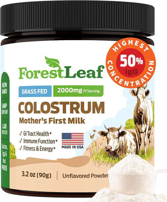 ForestLeaf, Colostrum Powder 50% IgG Highest Pure Concentration, Grass Fed Colostrum Supplement for Gut Health, Immune Support and Muscle Recovery, Bovine Colostrum for Humans, Unflavored, 45 Servings