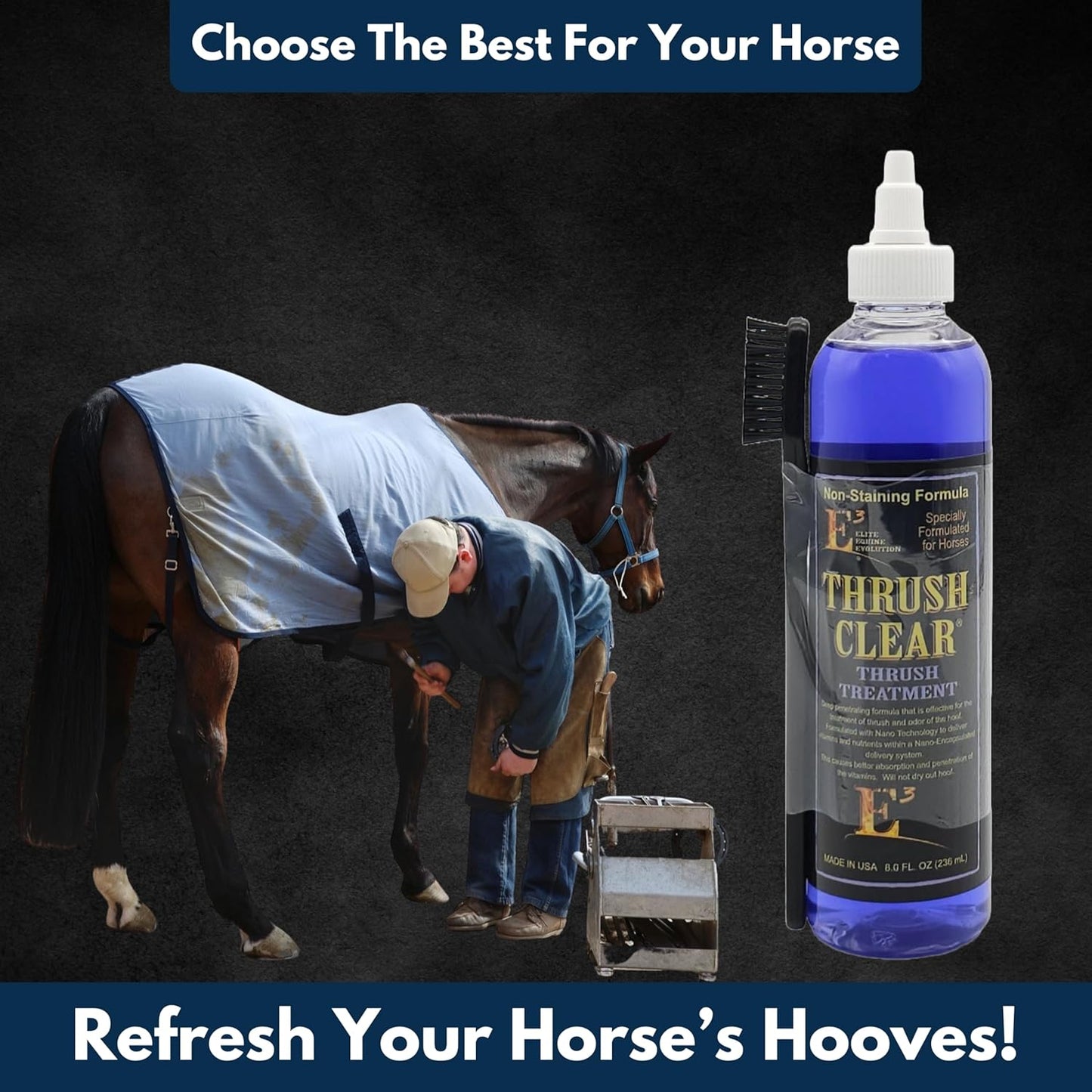 E3, Thrush Clear for Horses - 8oz - Non-Staining Quick Acting Formula. Horse Thrush Treatment. Hoof Hardener. Applicator Brush Included.