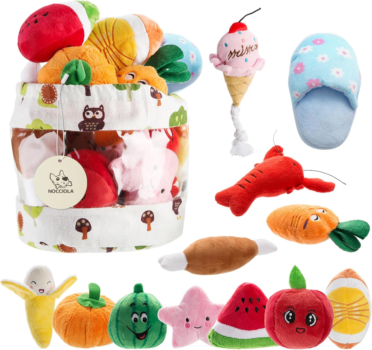 Nocciola, Dog Squeaky Toys, Plush Small Dog Toys for Dogs, Stuffed with Squeakers,12 pcs Puppy Toys with a Carrying Bag for Small Medium Size
