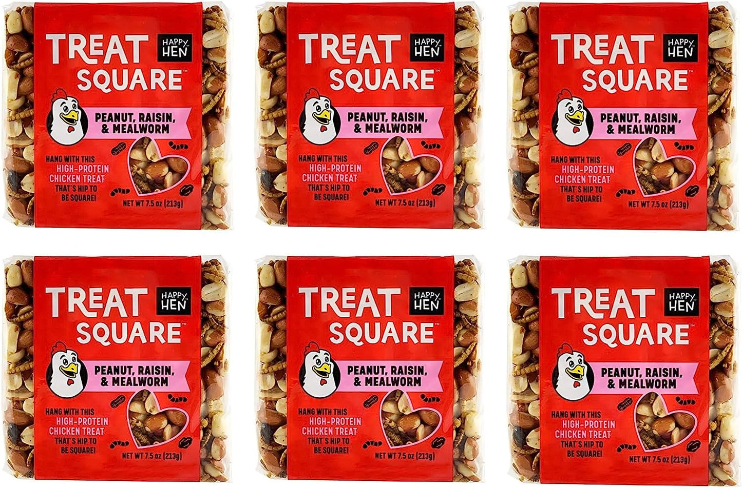 Happy Hen, (Case of 6) Treats 7.5 oz. Square-Mealworm and Peanut, 4.25" by 4.25" by 1.25"