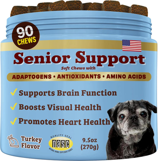 Natural Dog Company, Senior Dog Vitamins Chew for Brain, Heart & Eye Health - Cognitive Support, Vision Clarity & Cardiovascular Function with Omega-3s, Lion’s Mane Senior Dog Supplements, 90 cnt