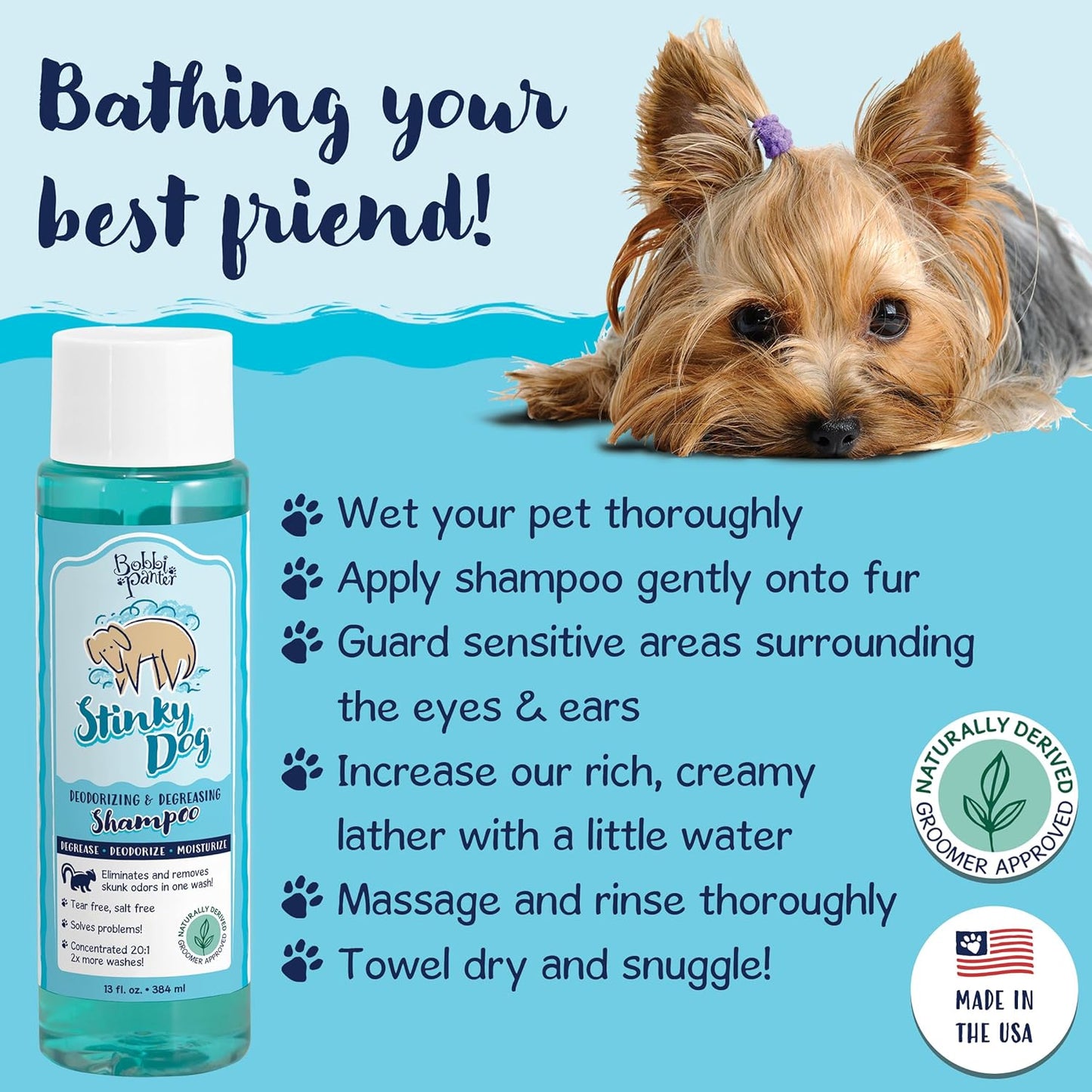 Bobbi Panter, Deodorizing Dog Shampoo Chamomile & Plant-Based Deodorizers – Degreasing Natural Formula for Strong Odors, Fresh Clean Scent, Tear-Free, 25:1 Concentrate, Made in USA, 13 oz
