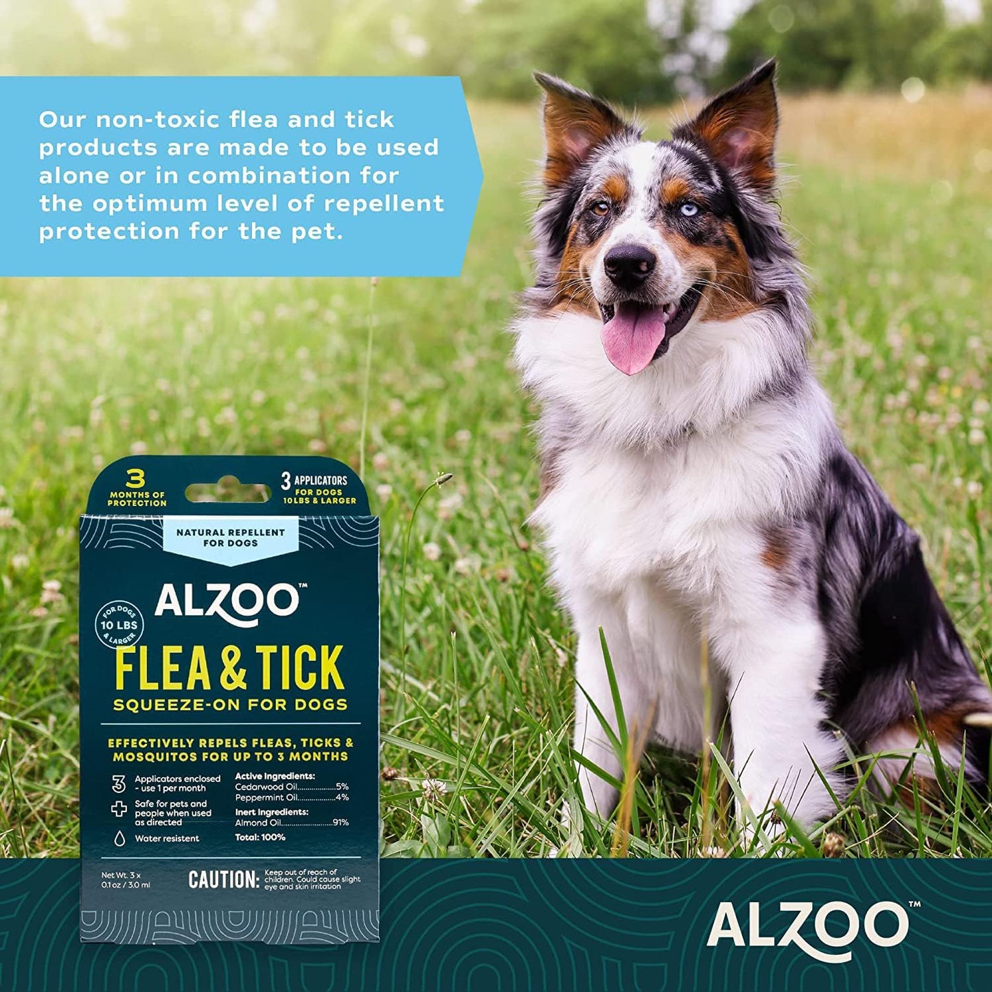 ALZOO, Plant Based Flea & Tick Squeeze-On for Dogs, Helps Repel Fleas, Ticks & Mosquitos, Up to 3-Months Protection, Plant-Based Active Ingredients, Water-Resistant, 3 EZ-On Applicators Per Pack