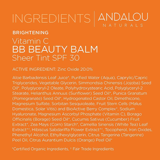 Andalou, Naturals Vitamin C BB Beauty Balm Sheer Tint SPF 30, 2-in-1 BB Cream & Face Sunscreen with Broad Spectrum Protection, Mineral Sunscreen with Non-Nano Zinc Oxide, 2 Fl Oz