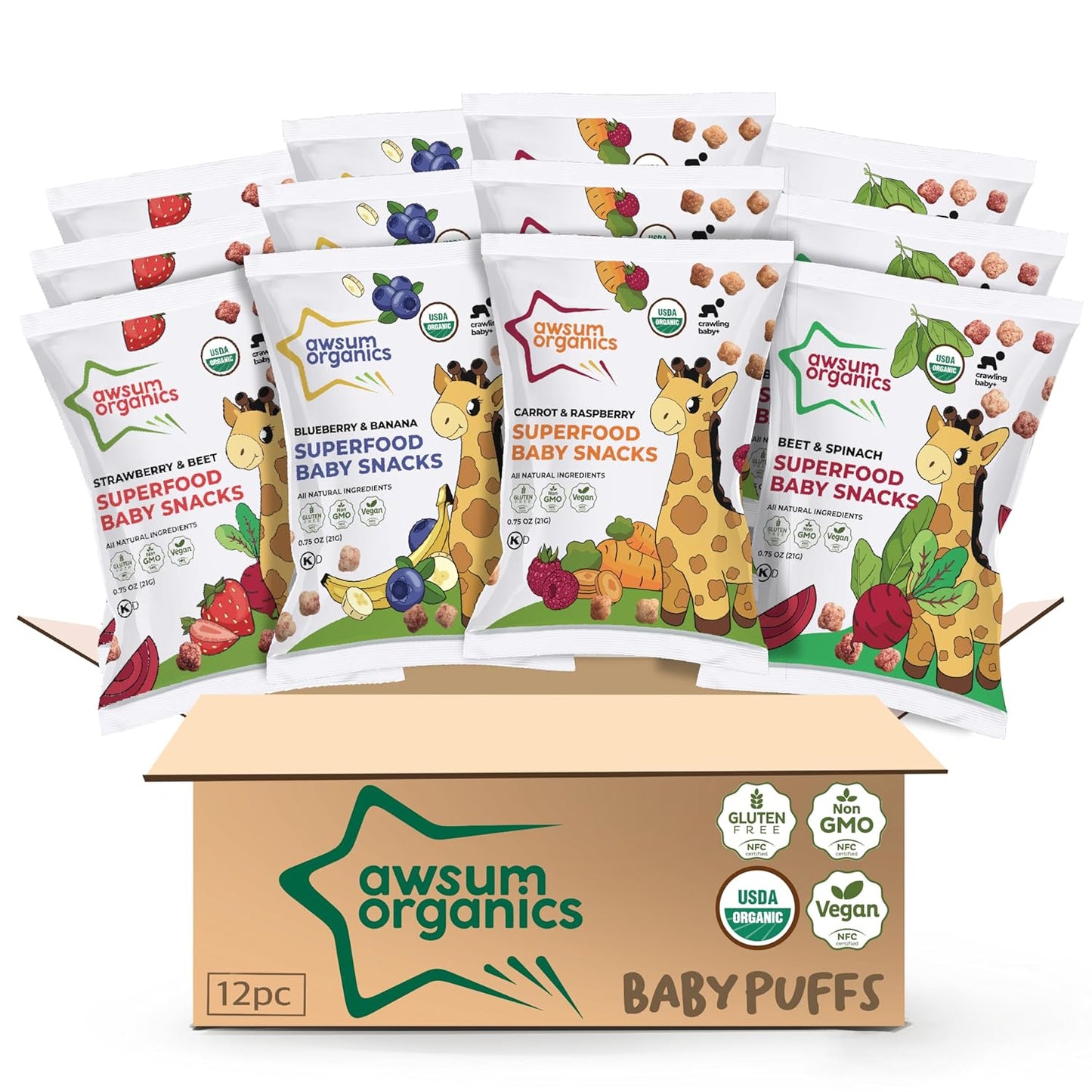 Awsum Organics, Baby Snacks - Happy Healthy Baby Food - Snack for Babies - Organic Vegan Kosher Gluten Free - Natural Plant Based Puffs - Non-Allergy - No Added Sugar 0.75 Oz Bag (Variety, 12 bags)