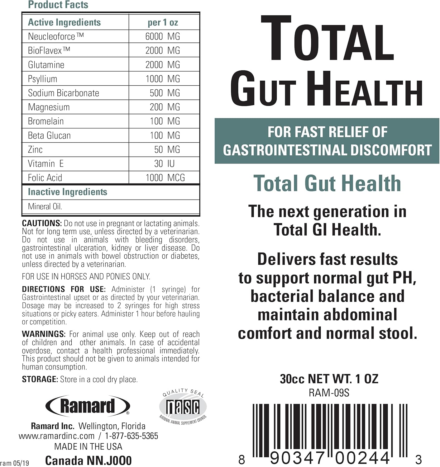 Ramard, Total Gut Health Equine Digestive Support - Equine Gut Health Supplement Probiotics for Horses, Healthy Gut Vitamins, Gastric Relief, Optimum Digestive Health for Horses 1oz, 1-Pack