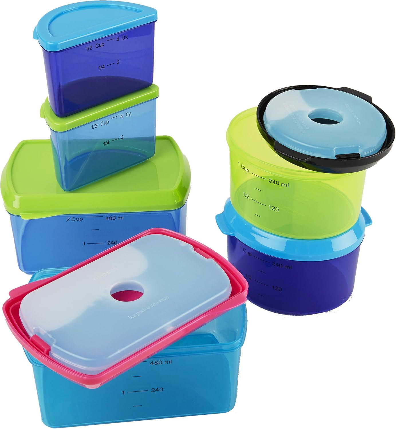 Fit & Fresh, Kids' Reusable Lunch Box Container Set with Built-In Ice Packs, 14-Piece Healthy Lunch and Snack Kit, BPA-Free Microwave Safe, Portion Control