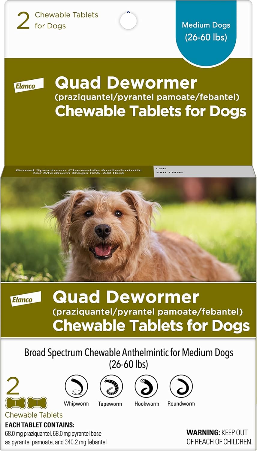 Elanco, Chewable Quad Dewormer for Medium Dogs, 26-60 lbs, 2 chewable tablets