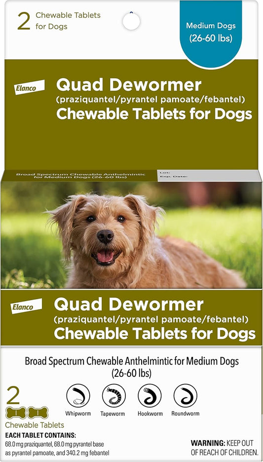 Elanco, Chewable Quad Dewormer for Medium Dogs, 26-60 lbs, 2 chewable tablets