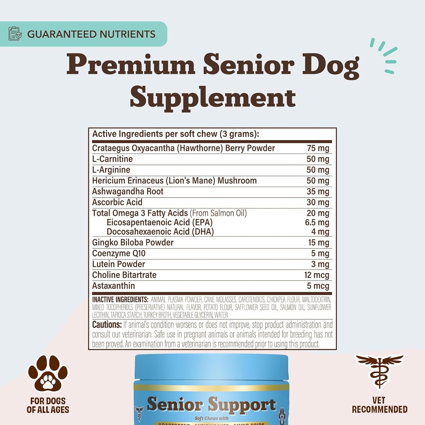 Natural Dog Company, Senior Dog Vitamins Chew for Brain, Heart & Eye Health - Cognitive Support, Vision Clarity & Cardiovascular Function with Omega-3s, Lion’s Mane Senior Dog Supplements, 90 cnt