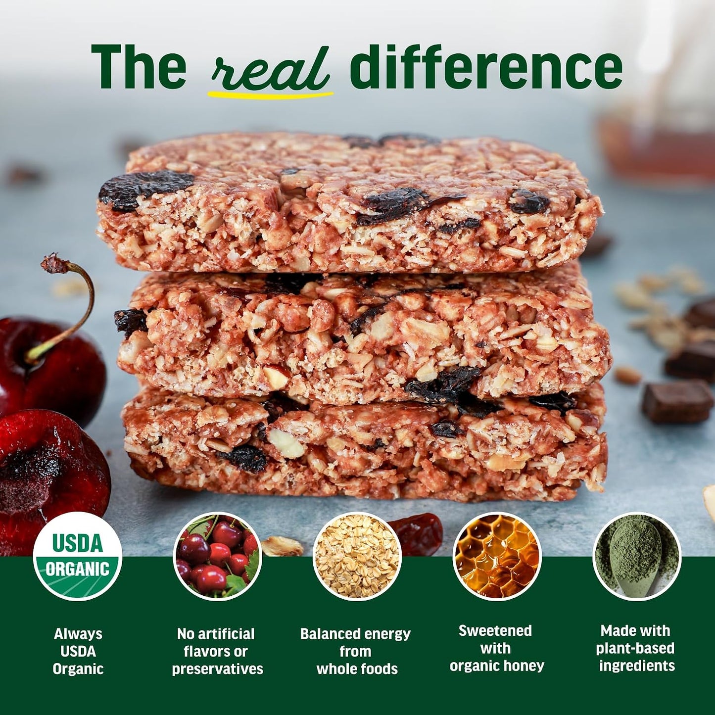 Kate’s, Real Food Organic Granola Bars - Dark Chocolate Cherry & Almond (2.2 oz, Pack of 12) - Organic Energy Bars Made with Gluten Free Oats - Non GMO, Soy Free, Whole Grains, and All Natural - Healthy Snacks