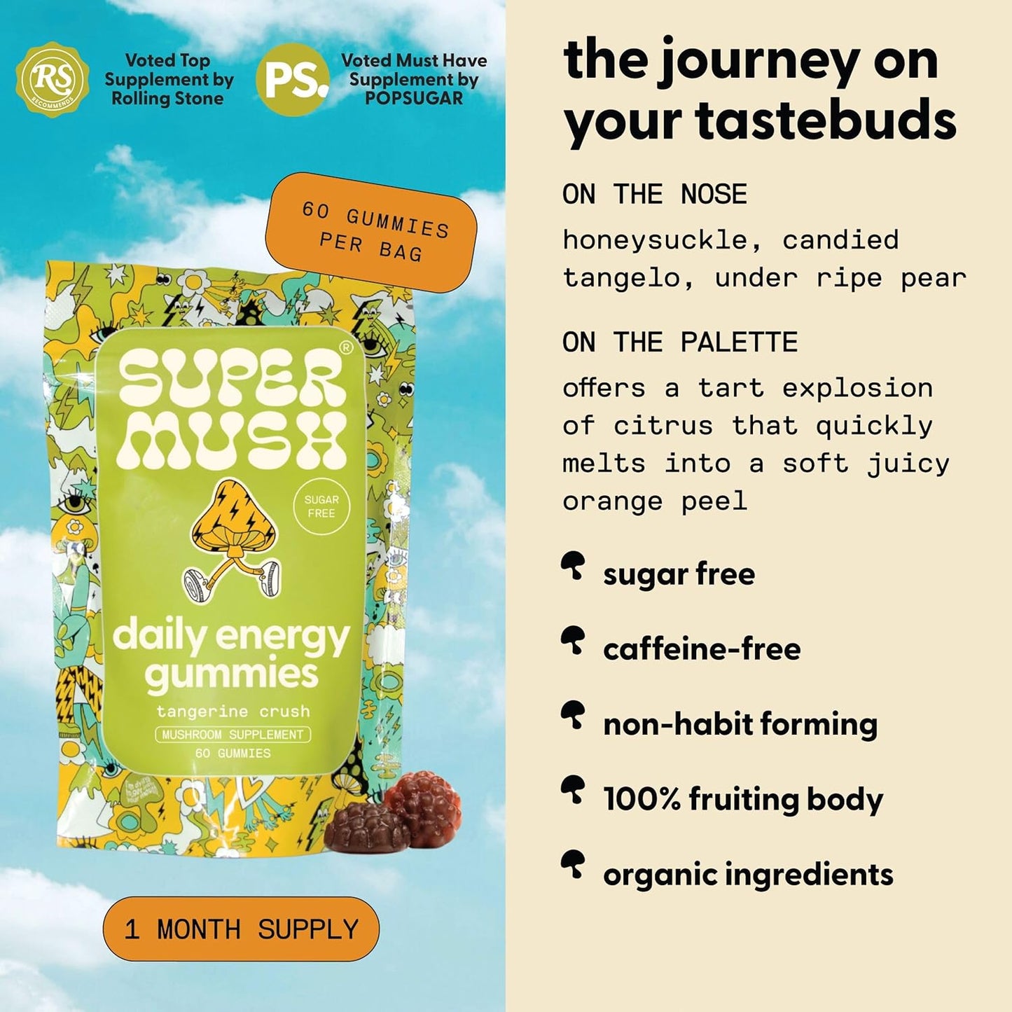 SuperMush, Energy Mushroom Gummies - Organic Lions Mane Supplement with Cordyceps, Rhodiola, L-Theanine, Maca - Vegan & Sugar-Free - Energy, Focus, Stamina, Stress Reduction - 60 Gummies (30 Servings)