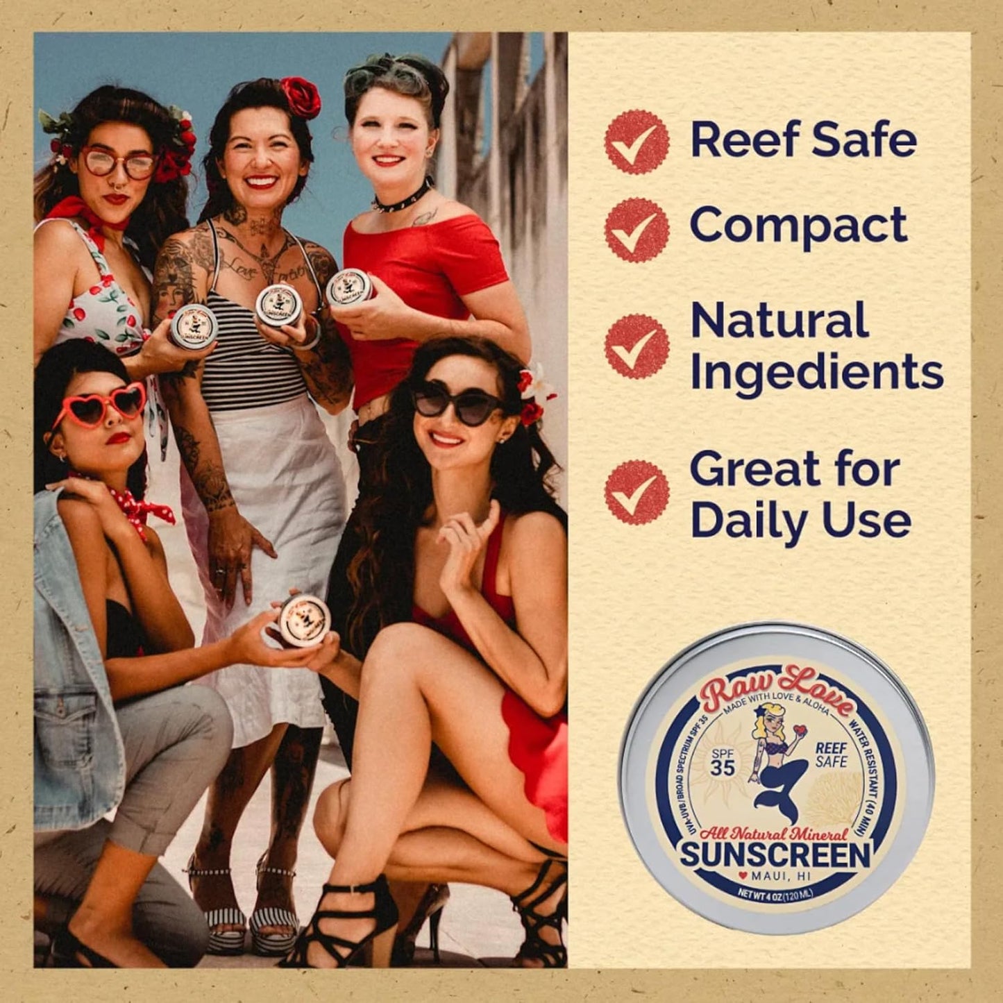 Raw Love, Reef Safe Sunscreen SPF 35 | Mexico & Hawaii Approved Biodegradable Sunscreen | Travel Friendly, Water Resistant, Natural, Organic Ingredients | Broad Spectrum Mineral Zinc Oxide | 4 Oz