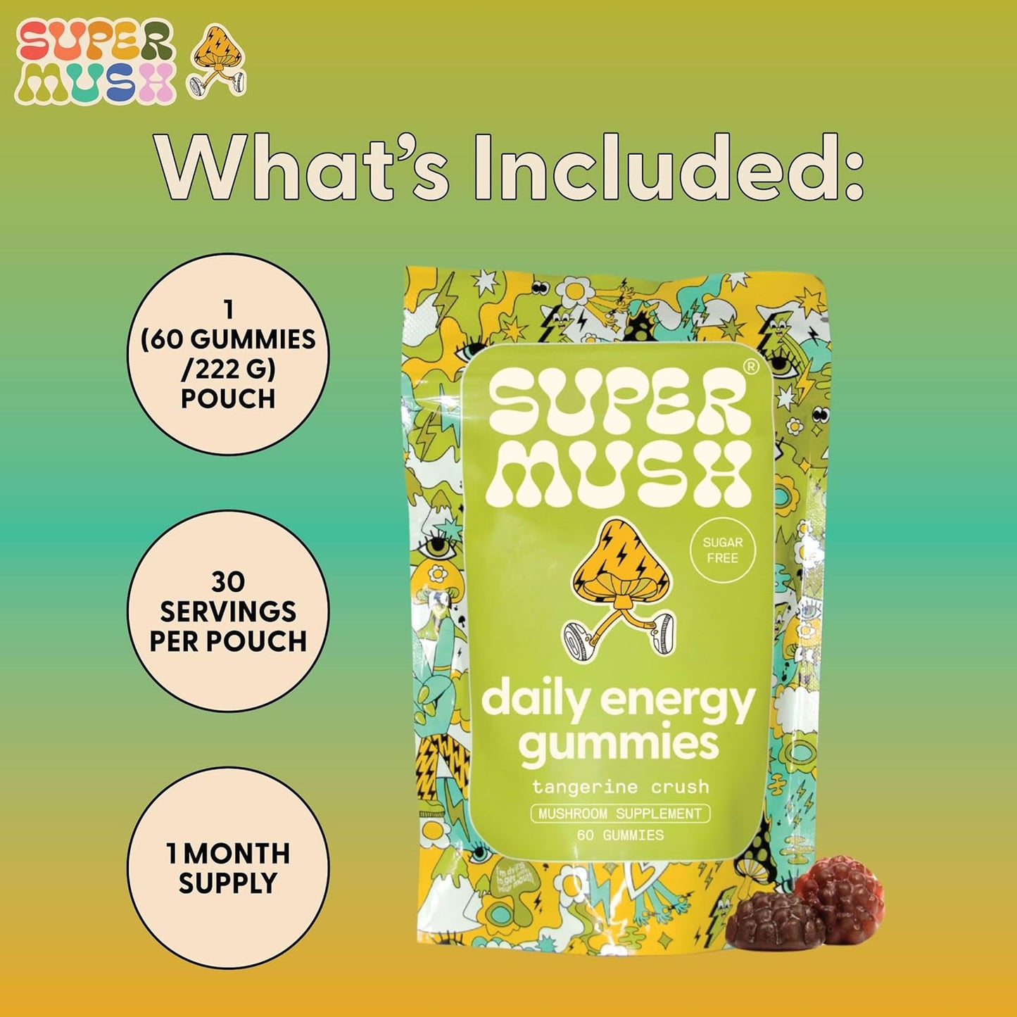 SuperMush, Energy Mushroom Gummies - Organic Lions Mane Supplement with Cordyceps, Rhodiola, L-Theanine, Maca - Vegan & Sugar-Free - Energy, Focus, Stamina, Stress Reduction - 60 Gummies (30 Servings)