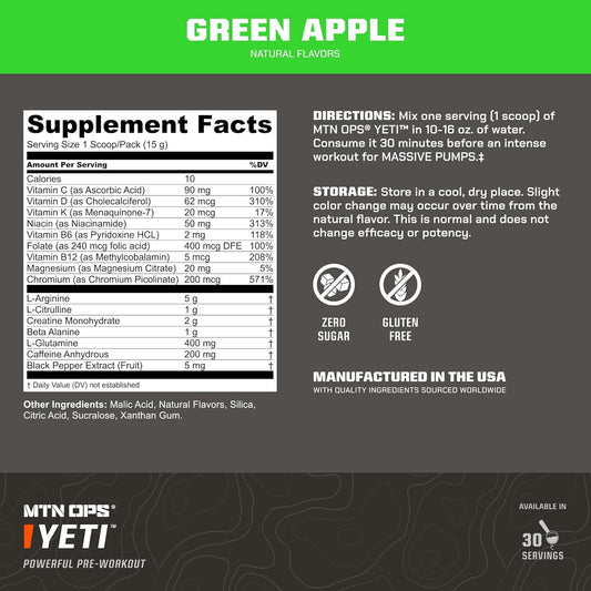 MTN OPS, Yeti Pre-Workout Powder Energy Drink with Creatine, 200mg Caffeine & BCAAs with Beta Alanine, 30-Serving Tub, Green Apple