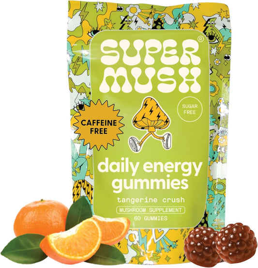SuperMush, Energy Mushroom Gummies - Organic Lions Mane Supplement with Cordyceps, Rhodiola, L-Theanine, Maca - Vegan & Sugar-Free - Energy, Focus, Stamina, Stress Reduction - 60 Gummies (30 Servings)