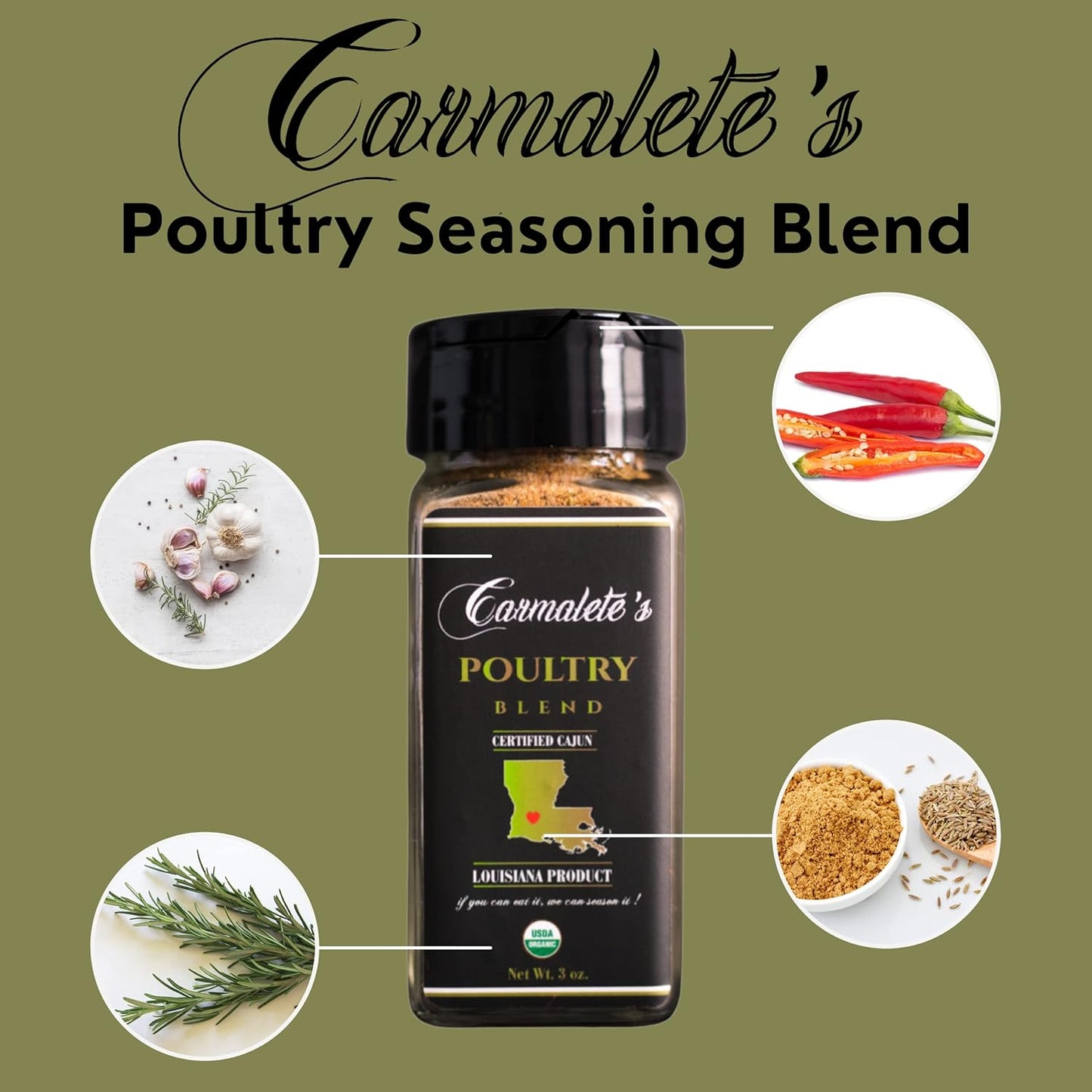 Carmalete's, Organic Poultry Seasoning Blend, Best Poultry Magic Seasoning Made as Chicken, Turkey Spice and other Poultry Blend, 3oz