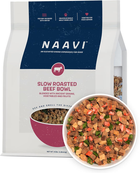 NAAVI, Natural Dog Food - Slow-Roasted Beef Bowl with Ancient Grains, Vegetables & Fruits - Ideal Wet/Dry Meal or Premium Dog Food Toppers for Picky Eaters (4 lbs)