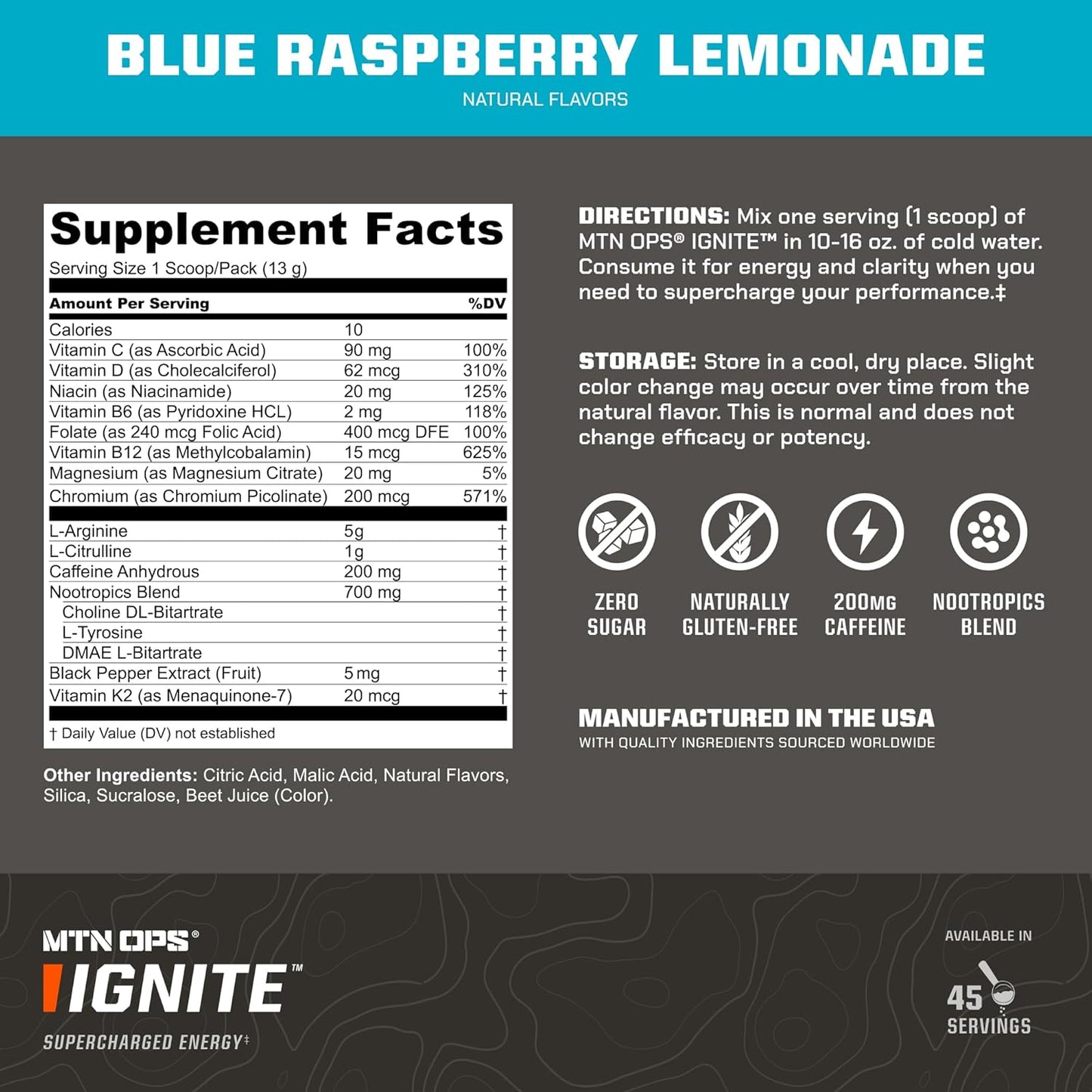 MTN OPS, Ignite Energy Drink Powder, Gluten Free Nootropic Supplement Drink Mix, L Arginine, L Citrulline, Caffeine & Nootropic Sugar Free Drink Mix, 45 Servings, Blue Raspberry Lemonade