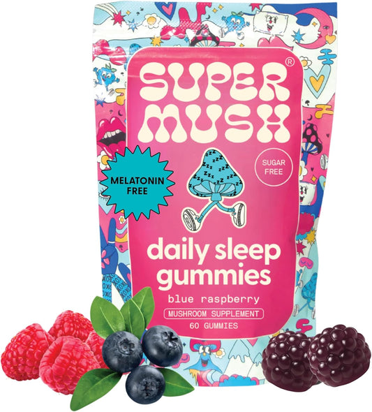 SuperMush, Sleep Gummies for Adults - Mushroom Supplement with Magnesium Citrate, L-Theanine, Chaga, Reishi & Chamomile for Deep Sleep, REM & Detox - Vegan & Sugar-Free - 60 Gummies (30 Servings)