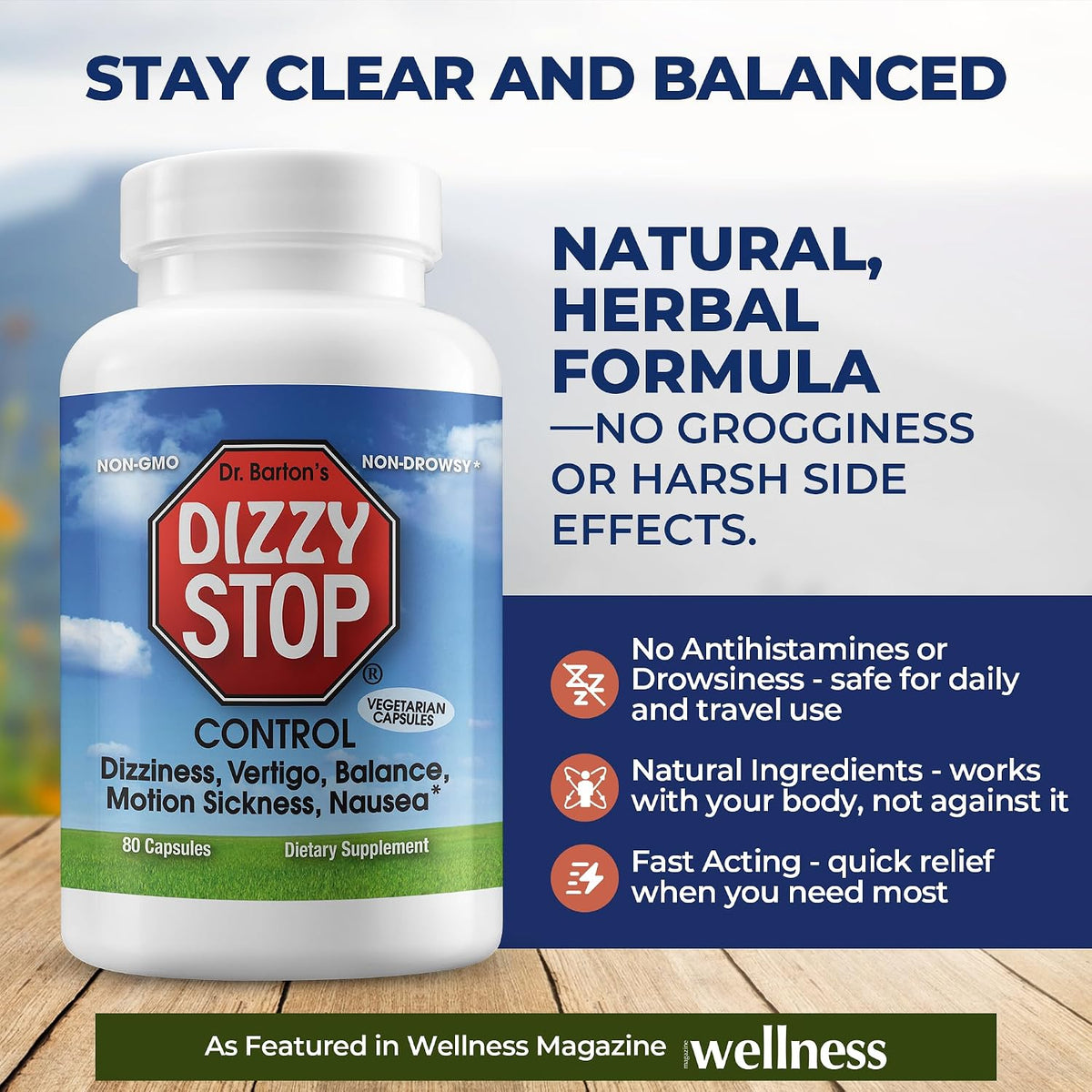 Dr. Barton's, Dizzy Stop  Vertigo Relief Products with Ginger and Grape Seed - Non-Drowsy Motion Sickness Pills for Dizziness Relief and Inner Ear Balance - 80 Count