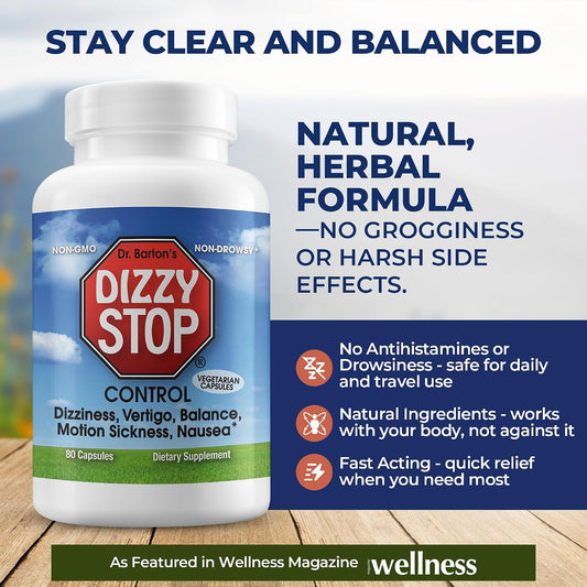 Dr. Barton's, Dizzy Stop  Vertigo Relief Products with Ginger and Grape Seed - Non-Drowsy Motion Sickness Pills for Dizziness Relief and Inner Ear Balance - 80 Count
