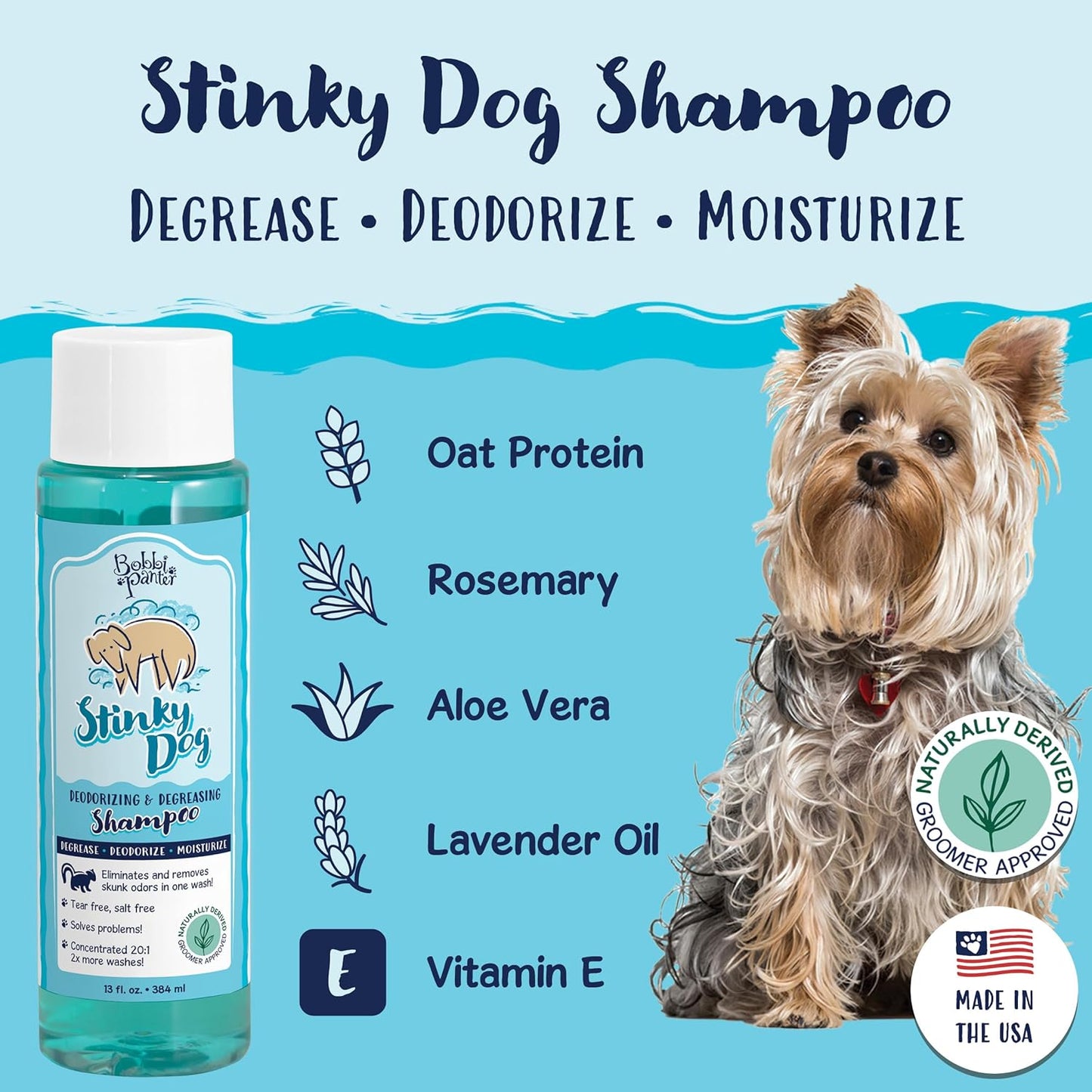 Bobbi Panter, Deodorizing Dog Shampoo Chamomile & Plant-Based Deodorizers – Degreasing Natural Formula for Strong Odors, Fresh Clean Scent, Tear-Free, 25:1 Concentrate, Made in USA, 13 oz