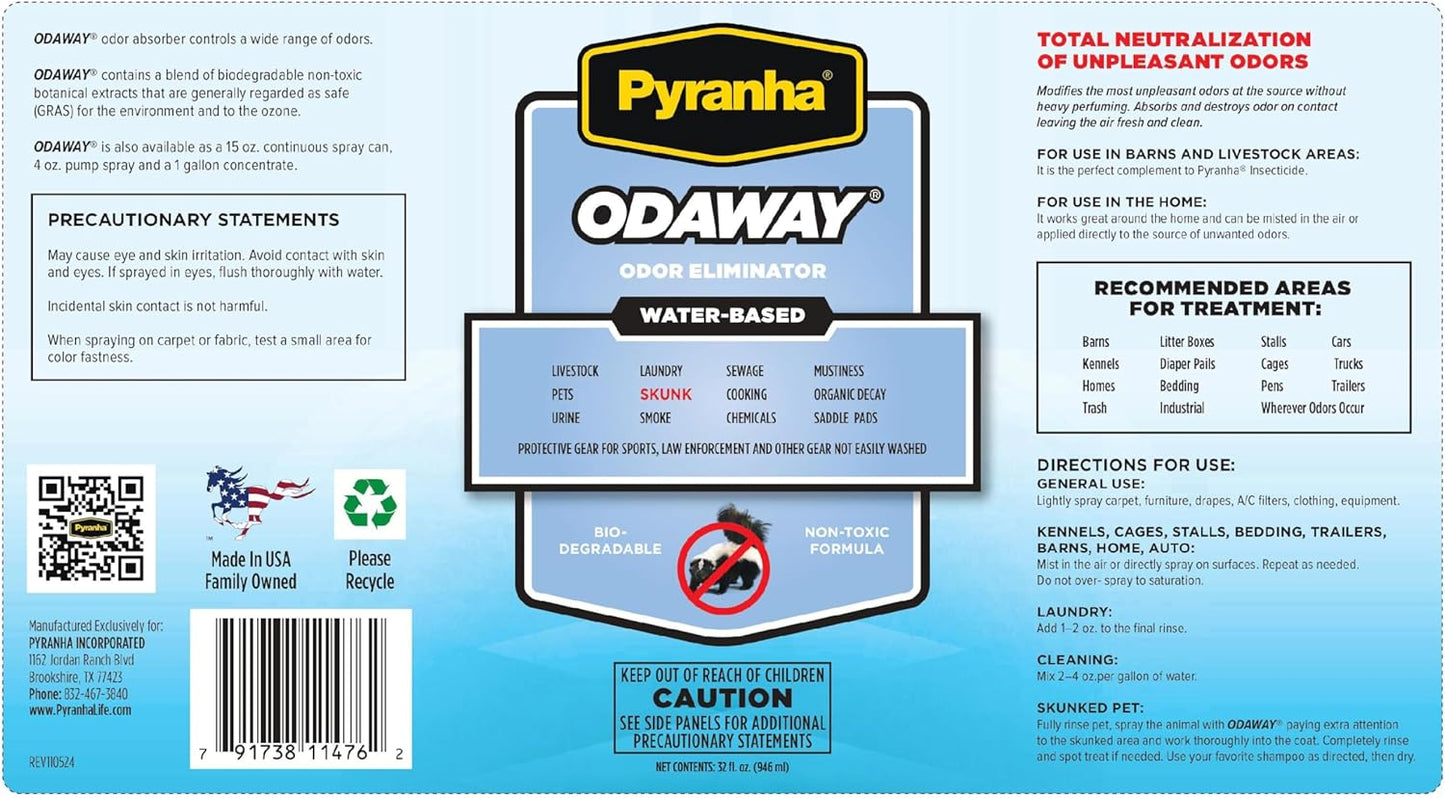 Pyranha, Odaway Ready-to-Use Odor Eliminator Spray – Broad Spectrum Scent Neutralizer for Home, Kennel, Car, Bathroom & Gear, Quart