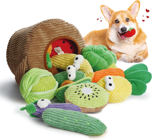 Nocciola, Squeaky Fruits Veggies Stuffed Dog Toys Pack- Hide Seek Grocery Basket Crinkle Plush Puppy Toys to Keep Busy, Birthday Pet Supplies Gifts for Small Medium Breeds
