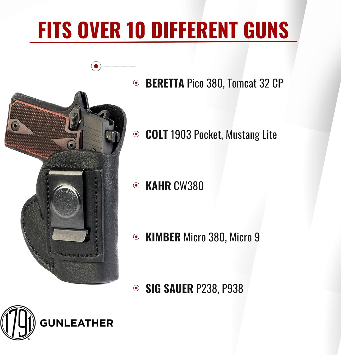 1791 Gunleather, IWB Leather Gun Holster Fits Sig P938, P238, Kimber Micro 9 | Right-handed soft leather IWB holster also fits Kimber Micro 380, Beretta Pico, Tomcat 32, Kahr CW380 & Colt Mustang Lite