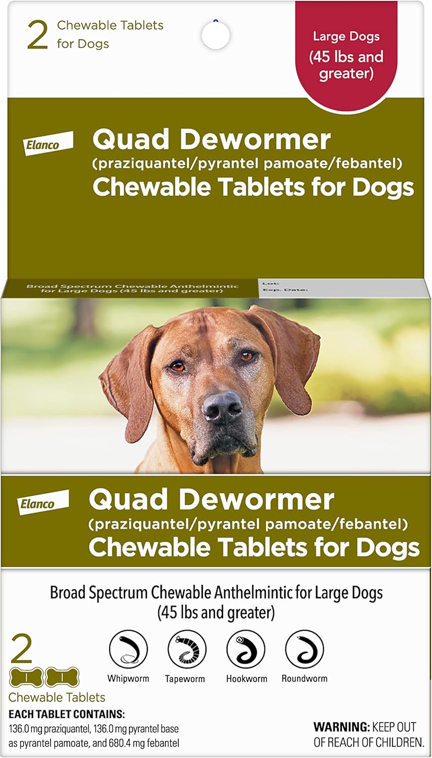 Elanco, Chewable Quad Dewormer for Large Dogs, 45 lbs and over, 2 chewable tablets