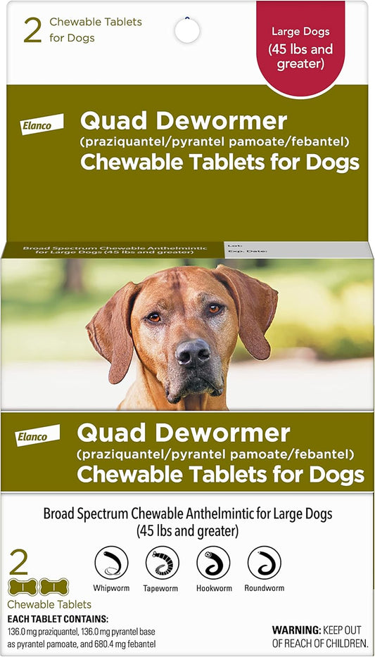 Elanco, Chewable Quad Dewormer for Large Dogs, 45 lbs and over, 2 chewable tablets