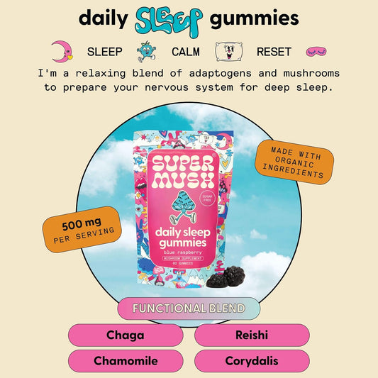 SuperMush, Sleep Gummies for Adults - Mushroom Supplement with Magnesium Citrate, L-Theanine, Chaga, Reishi & Chamomile for Deep Sleep, REM & Detox - Vegan & Sugar-Free - 60 Gummies (30 Servings)