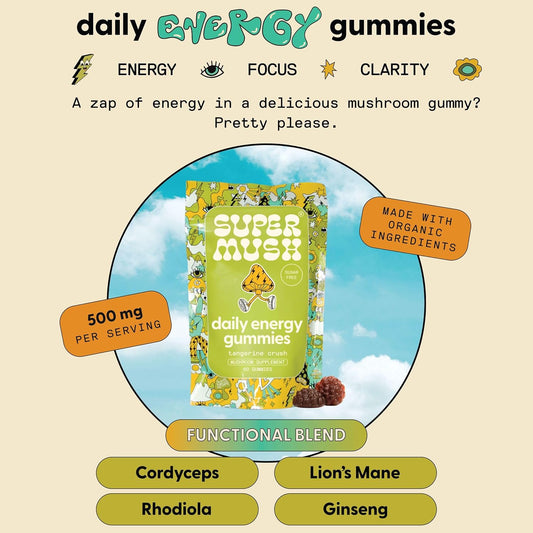 SuperMush, Energy Mushroom Gummies - Organic Lions Mane Supplement with Cordyceps, Rhodiola, L-Theanine, Maca - Vegan & Sugar-Free - Energy, Focus, Stamina, Stress Reduction - 60 Gummies (30 Servings)
