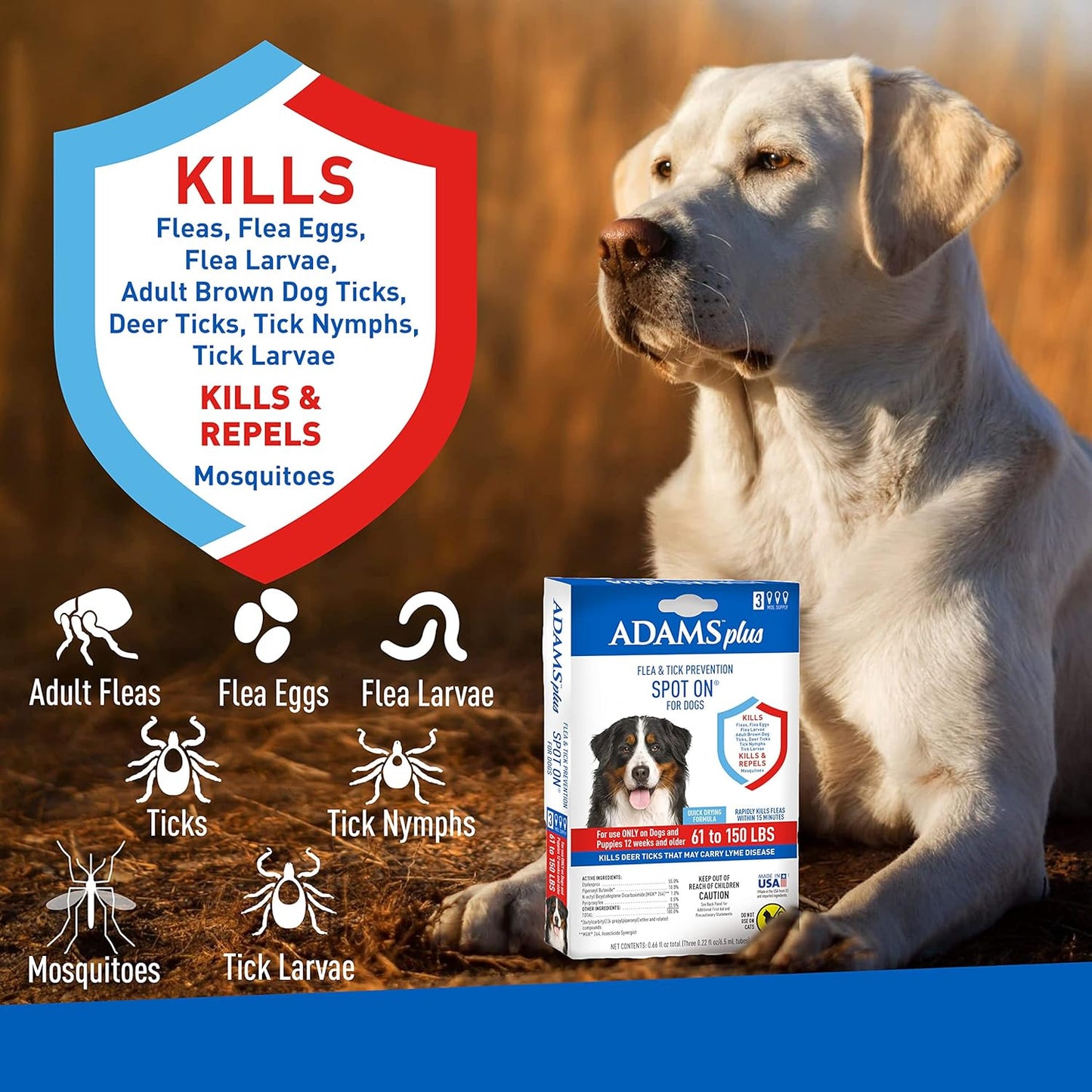Adams Plus, Flea & Tick Prevention Spot On for Dogs 61-150 Pounds, 12 Weeks & Older, 3-Month Supply, Kills Fleas, Flea Eggs, Flea Larvae & Brown Dog & Deer Ticks, Kills & Repels Mosquitoes For 30 Days