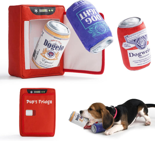 Nocciola, Squeaky Beer Dog Toys with a Fridge, Funny Crinkle Hide and Seek Dog Chew Toys for Small Medium Large Breeds, Plush Stuffed Puppy Birthday Gifts