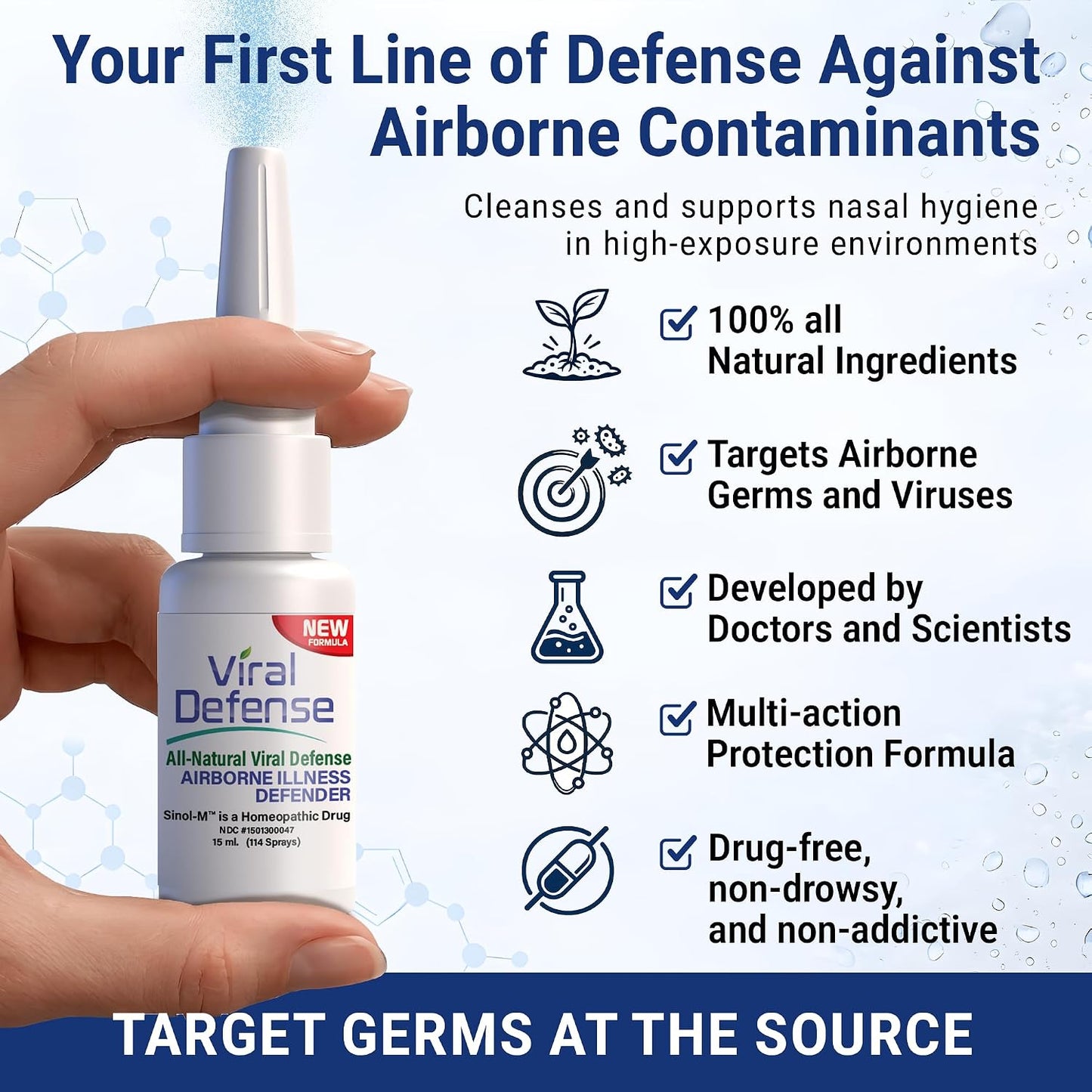 Sinol, Viral Defense Nasal Spray - Defend Against Airborne Germs and Viruses - Iodine Nasal Spray, Colloidal Silver, Vitamin C to Boost Immunity - for Work, Travel, Indoor Gatherings - 114 Sprays