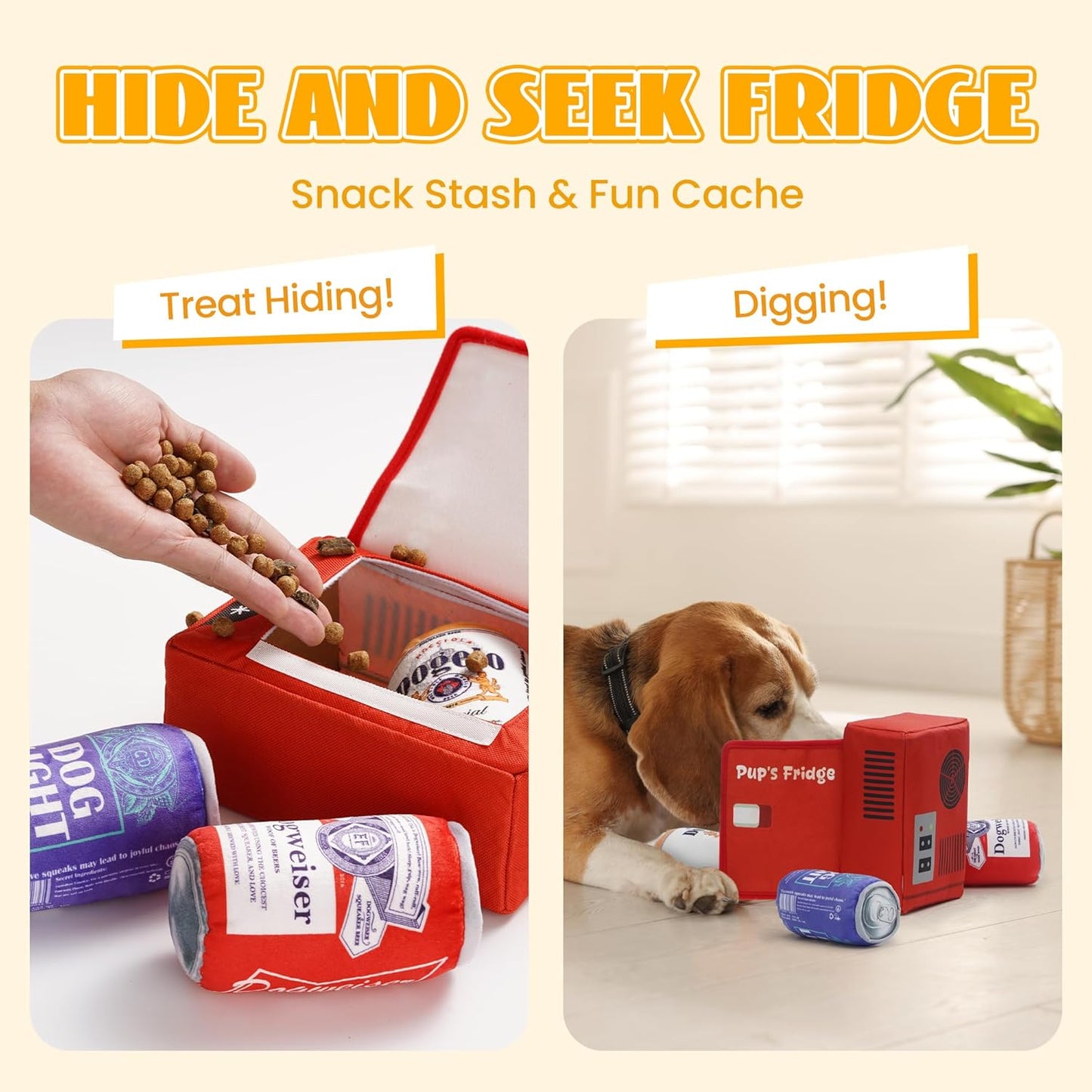 Nocciola, Squeaky Beer Dog Toys with a Fridge, Funny Crinkle Hide and Seek Dog Chew Toys for Small Medium Large Breeds, Plush Stuffed Puppy Birthday Gifts