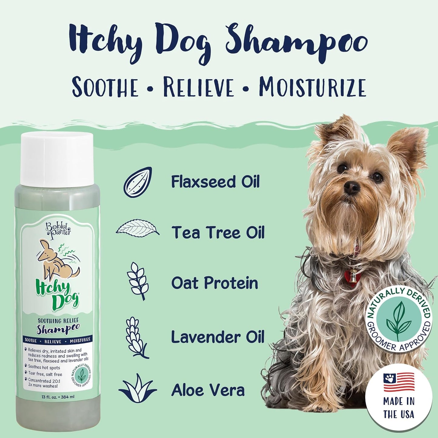 Bobbi Panter, Dog Shampoo - Made in USA - All Natural Formula for Itch Relief & Soothing Skins, Concentrated 16:1 for Professional Groomers - Green Apple Scent, 13 Oz