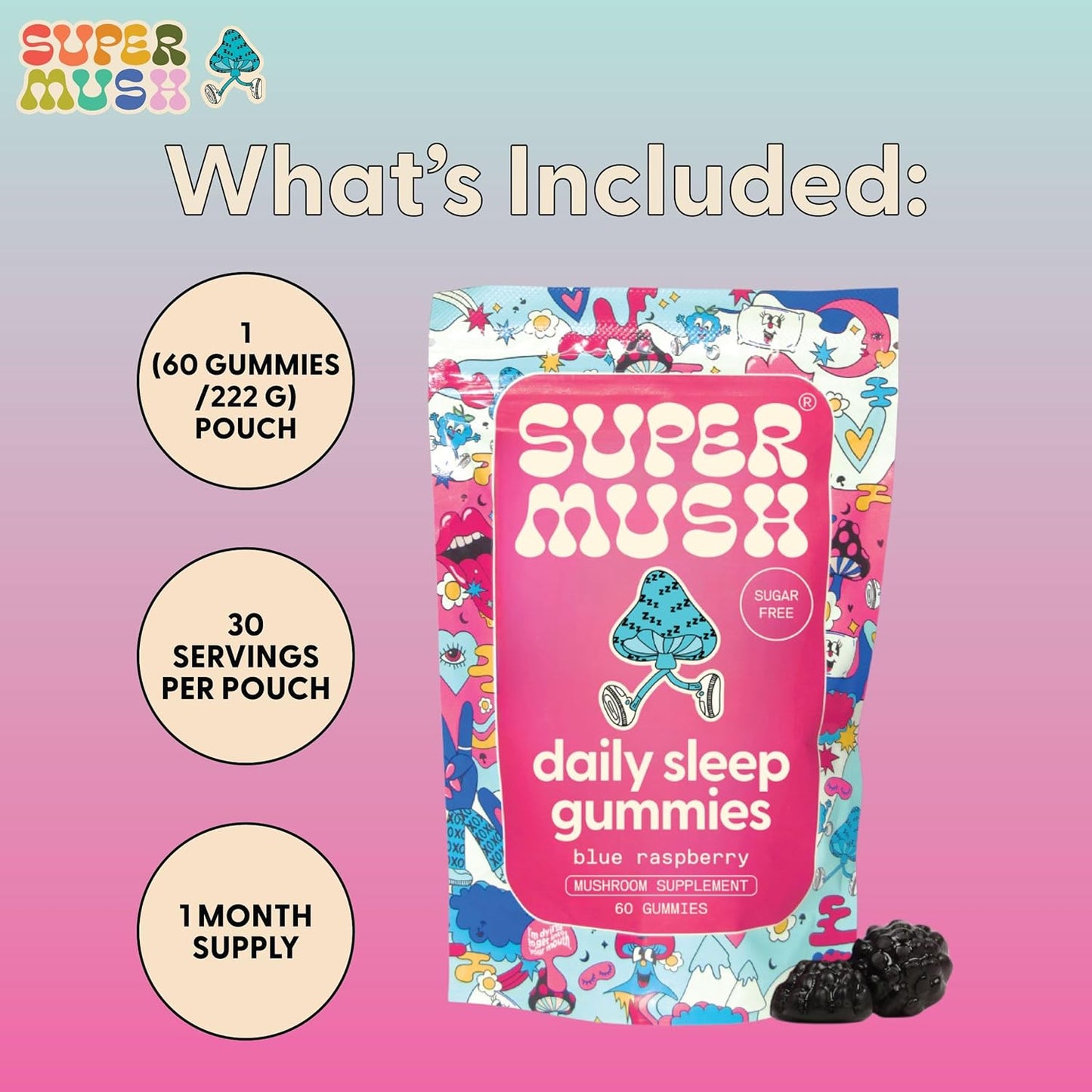 SuperMush, Sleep Gummies for Adults - Mushroom Supplement with Magnesium Citrate, L-Theanine, Chaga, Reishi & Chamomile for Deep Sleep, REM & Detox - Vegan & Sugar-Free - 60 Gummies (30 Servings)
