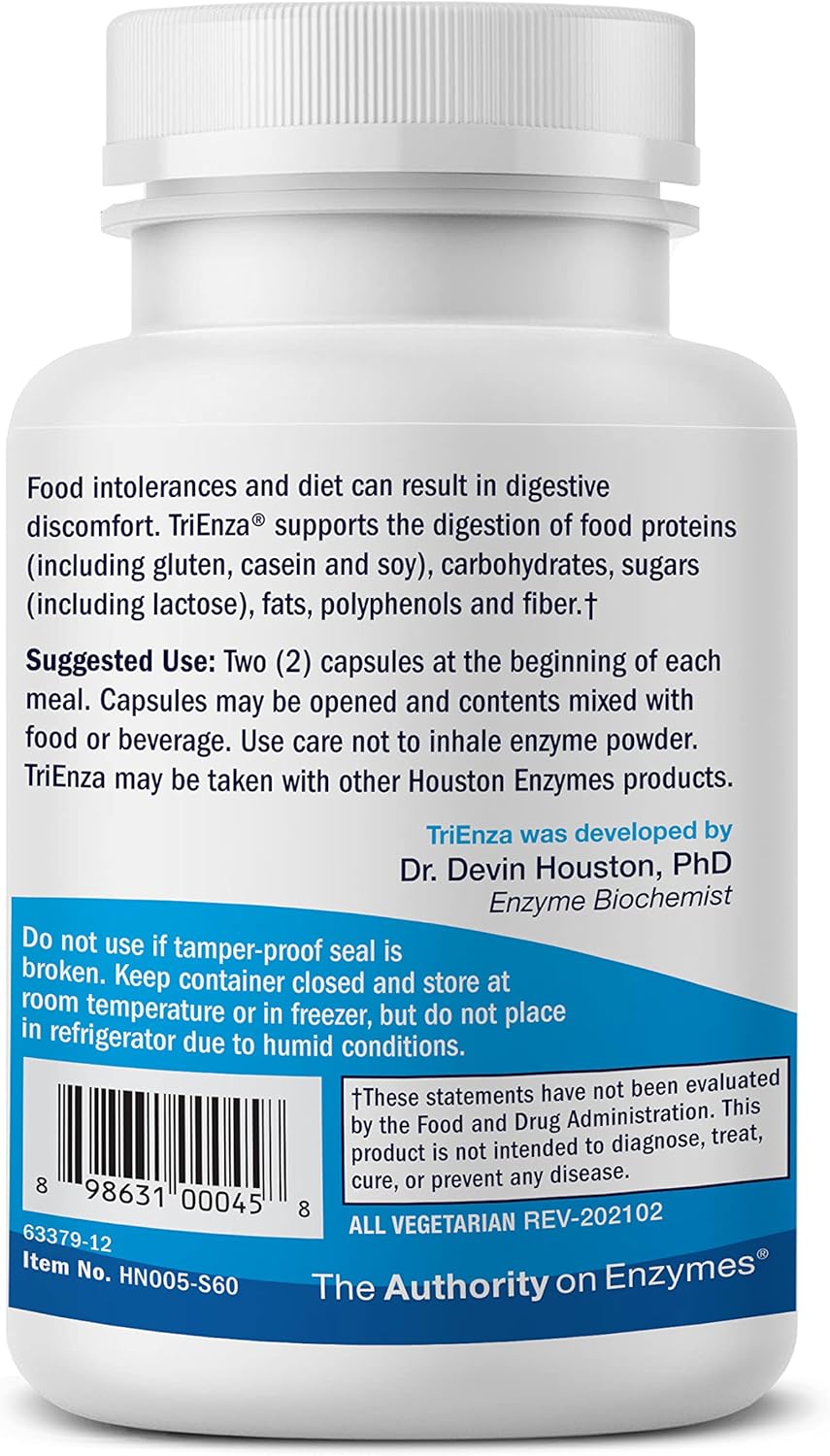 Houston Enzymes, TriEnza,  60 Capsules – Broad-Spectrum Enzymes for Digestive Intolerances – Supports Digestion of Food Proteins, Carbs, & Phenols