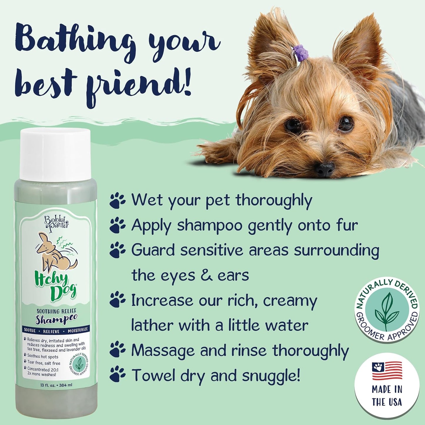 Bobbi Panter, Dog Shampoo - Made in USA - All Natural Formula for Itch Relief & Soothing Skins, Concentrated 16:1 for Professional Groomers - Green Apple Scent, 13 Oz